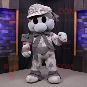Gray Commando mascot costume character dressed with a Hoodie and Bow ties