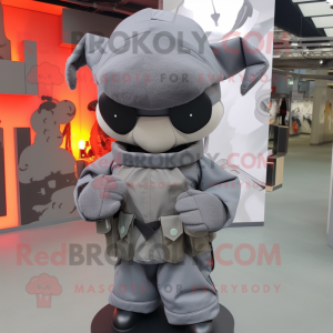 Gray Commando mascot costume character dressed with a Hoodie and Bow ties