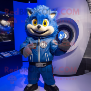 Blue Hedgehog mascot costume character dressed with a Moto Jacket and Coin purses