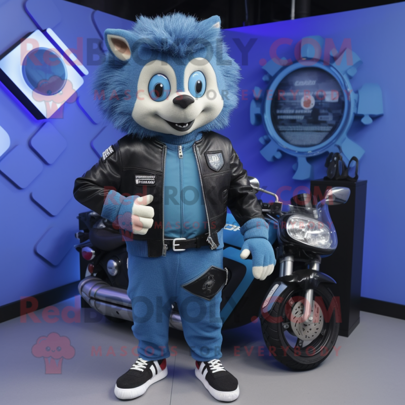 Blue Hedgehog mascot costume character dressed with a Moto Jacket and Coin purses