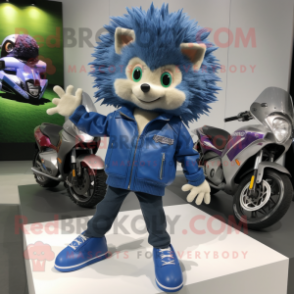 Blue Hedgehog mascot costume character dressed with a Moto Jacket and Coin purses