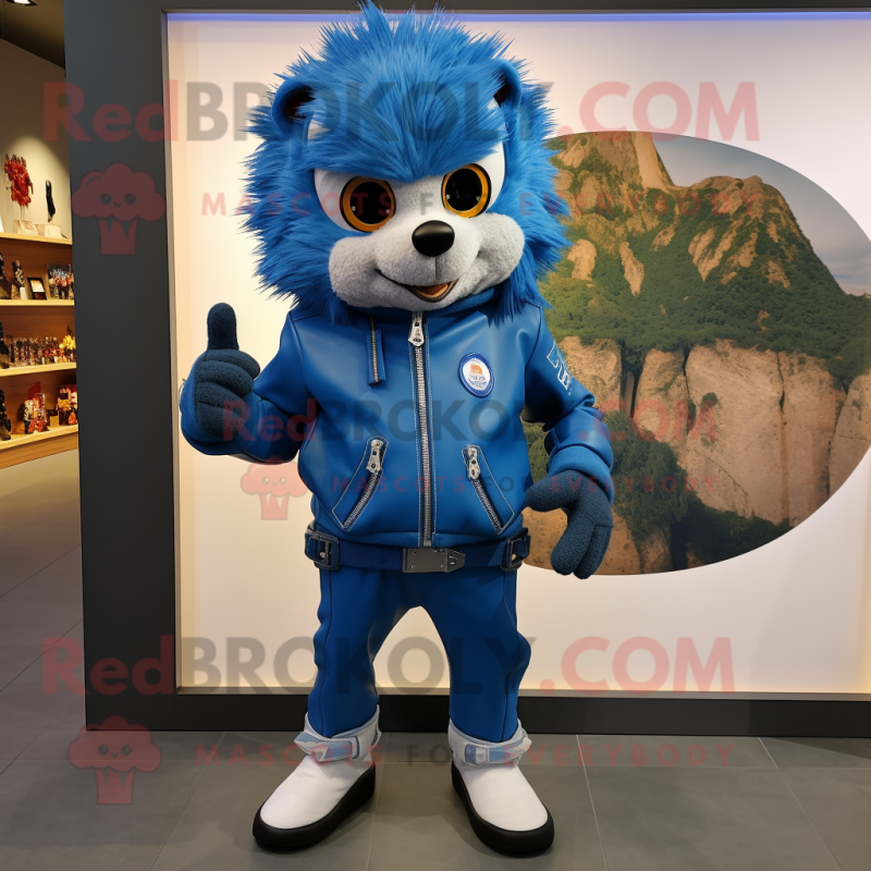 Blue Hedgehog mascot costume character dressed with a Moto Jacket and Coin purses Blue Hedgehog mascot costume character dressed with a Moto Jacket and Coin purses