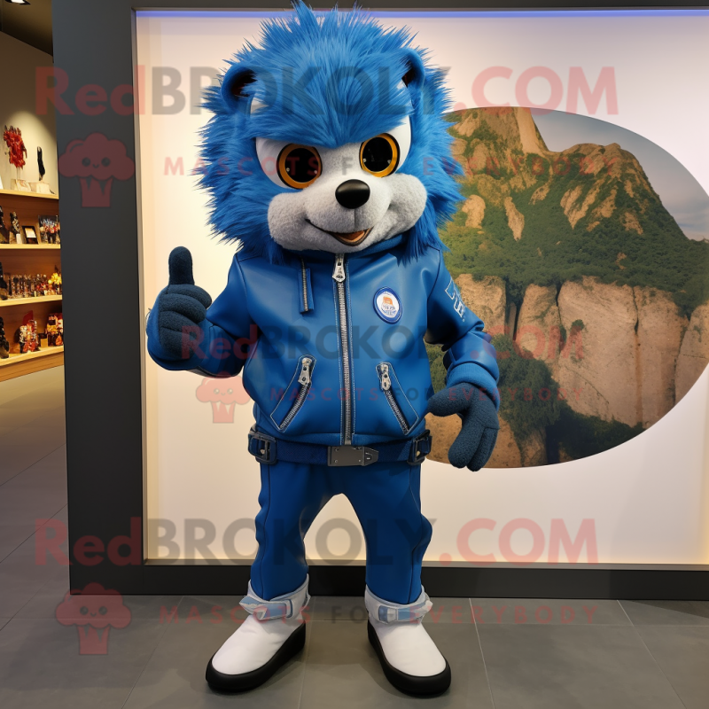 Blue Hedgehog mascot costume character dressed with a Moto Jacket and Coin purses