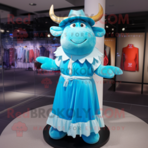 Sky Blue Yak mascot costume character dressed with a Dress and Caps