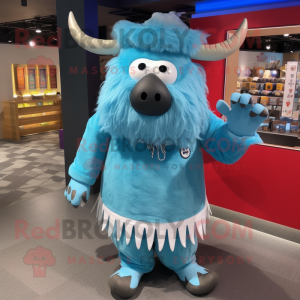 Sky Blue Yak mascot costume character dressed with a Dress and Caps