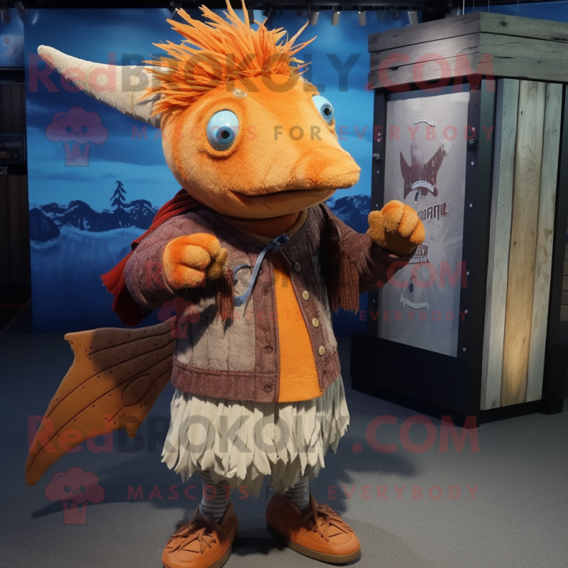 Rust Swordfish mascot costume character dressed with a Cardigan and Hair clips
