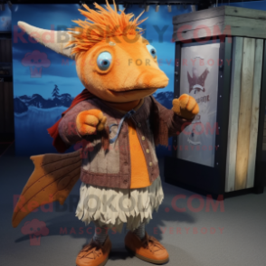 Rust Swordfish mascot costume character dressed with a Cardigan and Hair clips