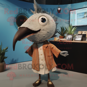 Rust Swordfish mascot costume character dressed with a Cardigan and Hair clips