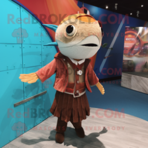 Rust Swordfish mascot costume character dressed with a Cardigan and Hair clips