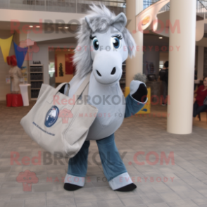 Gray Horse mascot costume character dressed with a Jeggings and Tote bags