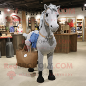 Gray Horse mascot costume character dressed with a Jeggings and Tote bags