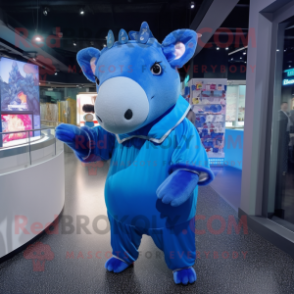 Blue Tapir mascot costume character dressed with a Cover-up and Hair clips