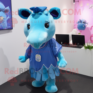 Blue Tapir mascot costume character dressed with a Cover-up and Hair clips