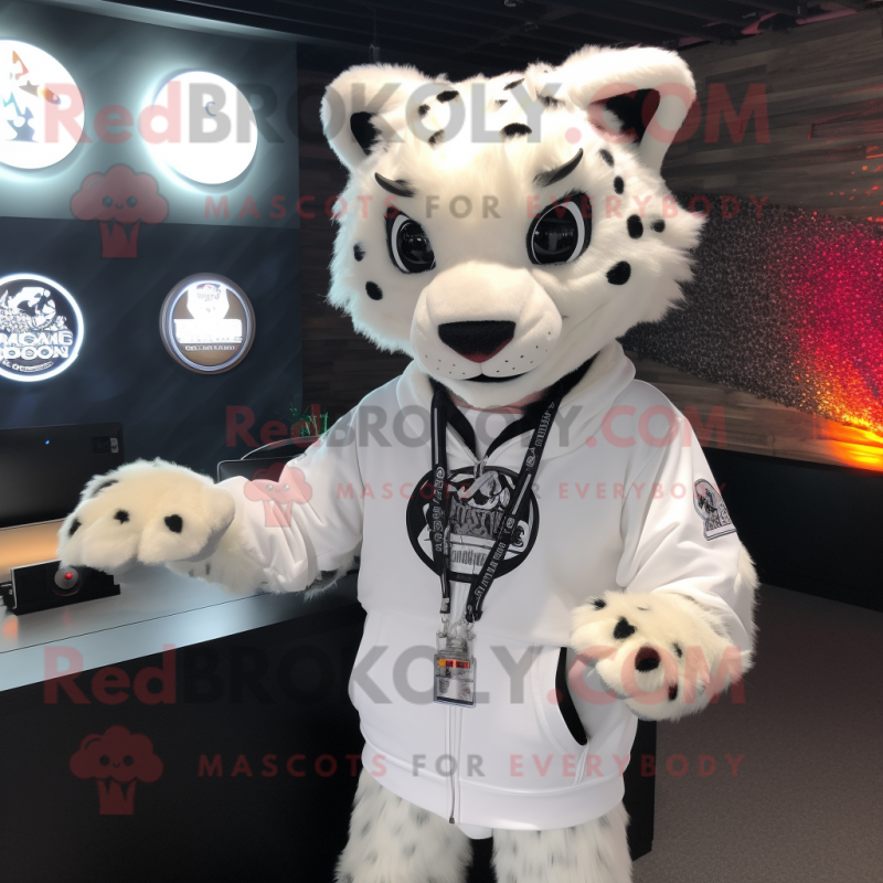 White Leopard mascot costume character dressed with a Hoodie and Necklaces White Leopard mascot costume character dressed with a Hoodie and Necklaces