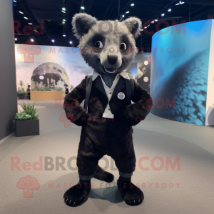 Black Civet mascot costume character dressed with a Henley Shirt and Tie pins