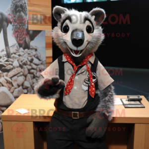 Black Civet mascot costume character dressed with a Henley Shirt and Tie pins