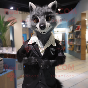 Black Civet mascot costume character dressed with a Henley Shirt and Tie pins