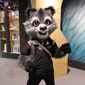 Black Civet mascot costume character dressed with a Henley Shirt and Tie pins