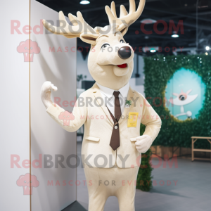 Cream Reindeer mascot costume character dressed with a Blazer and Hairpins