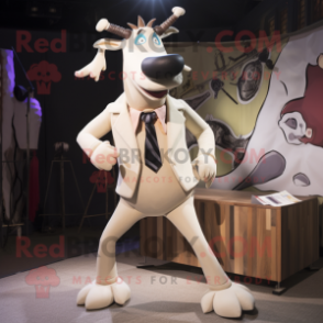 Cream Reindeer mascot costume character dressed with a Blazer and Hairpins