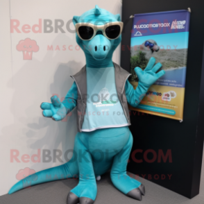 Teal Parasaurolophus mascot costume character dressed with a V-Neck Tee and Sunglasses