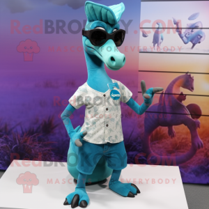 Teal Parasaurolophus mascot costume character dressed with a V-Neck Tee and Sunglasses