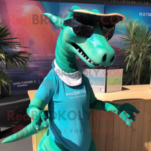 Teal Parasaurolophus mascot costume character dressed with a V-Neck Tee and Sunglasses