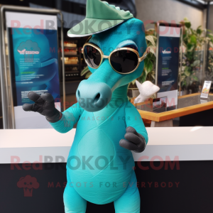 Teal Parasaurolophus mascot costume character dressed with a V-Neck Tee and Sunglasses