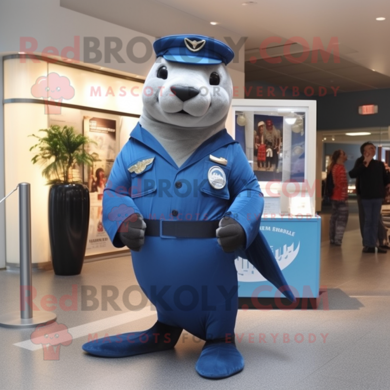 Navy Sea Lion mascot costume character dressed with a Jumpsuit and Messenger bags