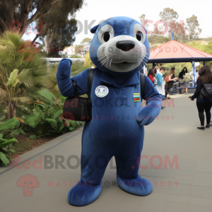 Navy Sea Lion mascot costume character dressed with a Jumpsuit and Messenger bags