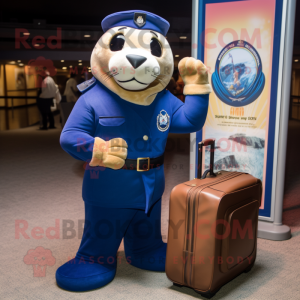 Navy Sea Lion mascot costume character dressed with a Jumpsuit and Messenger bags