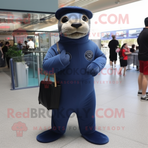 Navy Sea Lion mascot costume character dressed with a Jumpsuit and Messenger bags