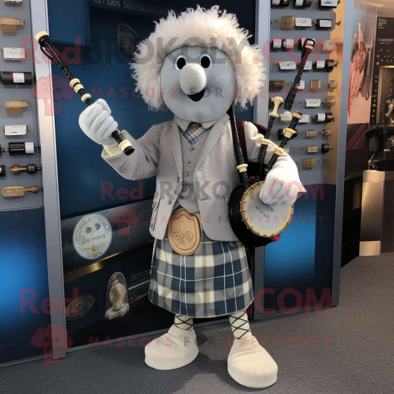 Silver Bagpipe mascot costume character dressed with a Cardigan and Coin purses Silver Bagpipe mascot costume character dressed with a Cardigan and Coin purses