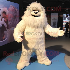 Cream Yeti mascot costume character dressed with a Bodysuit and Caps