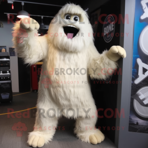 Cream Yeti mascot costume character dressed with a Bodysuit and Caps