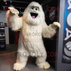 Cream Yeti mascot costume character dressed with a Bodysuit and Caps