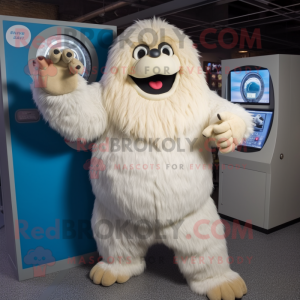 Cream Yeti mascot costume character dressed with a Bodysuit and Caps