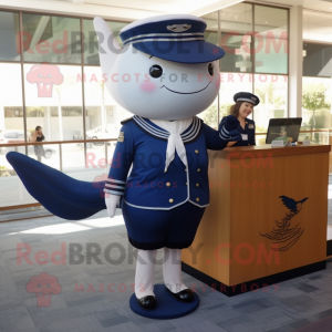 Navy Whale mascot costume character dressed with a Pencil Skirt and Shoe clips