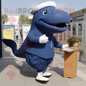 Navy Whale mascot costume character dressed with a Pencil Skirt and Shoe clips