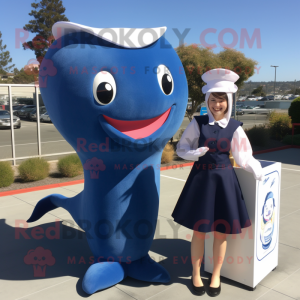 Navy Whale mascot costume character dressed with a Pencil Skirt and Shoe clips