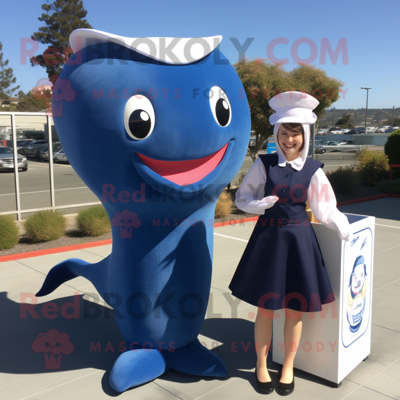 Navy Whale mascot costume character dressed with a Pencil Skirt and Shoe clips Navy Whale mascot costume character dressed with a Pencil Skirt and Shoe clips