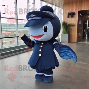 Navy Whale mascot costume character dressed with a Pencil Skirt and Shoe clips