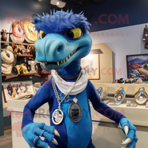 Blue Utahraptor mascot costume character dressed with a Polo Tee and Necklaces