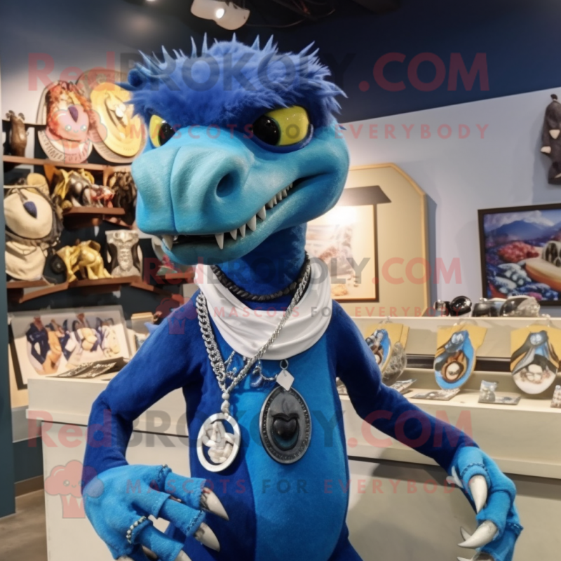 Blue Utahraptor mascot costume character dressed with a Polo Tee and Necklaces Blue Utahraptor mascot costume character dressed with a Polo Tee and Necklaces