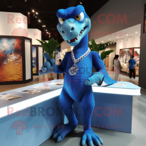 Blue Utahraptor mascot costume character dressed with a Polo Tee and Necklaces
