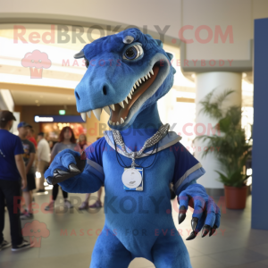 Blue Utahraptor mascot costume character dressed with a Polo Tee and Necklaces