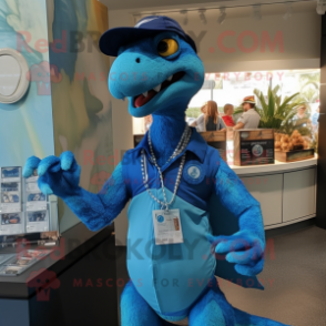 Blue Utahraptor mascot costume character dressed with a Polo Tee and Necklaces