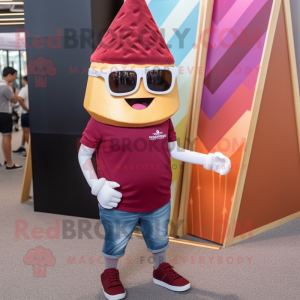Maroon Ice Cream Cone mascot costume character dressed with a Jeans and Sunglasses