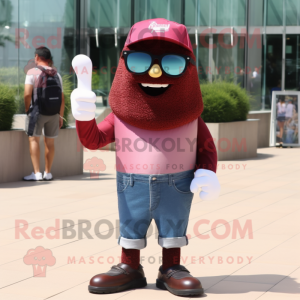 Maroon Ice Cream Cone mascot costume character dressed with a Jeans and Sunglasses