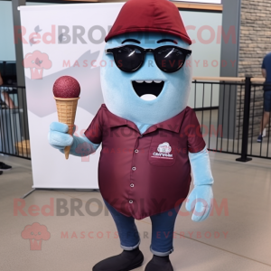 Maroon Ice Cream Cone mascot costume character dressed with a Jeans and Sunglasses